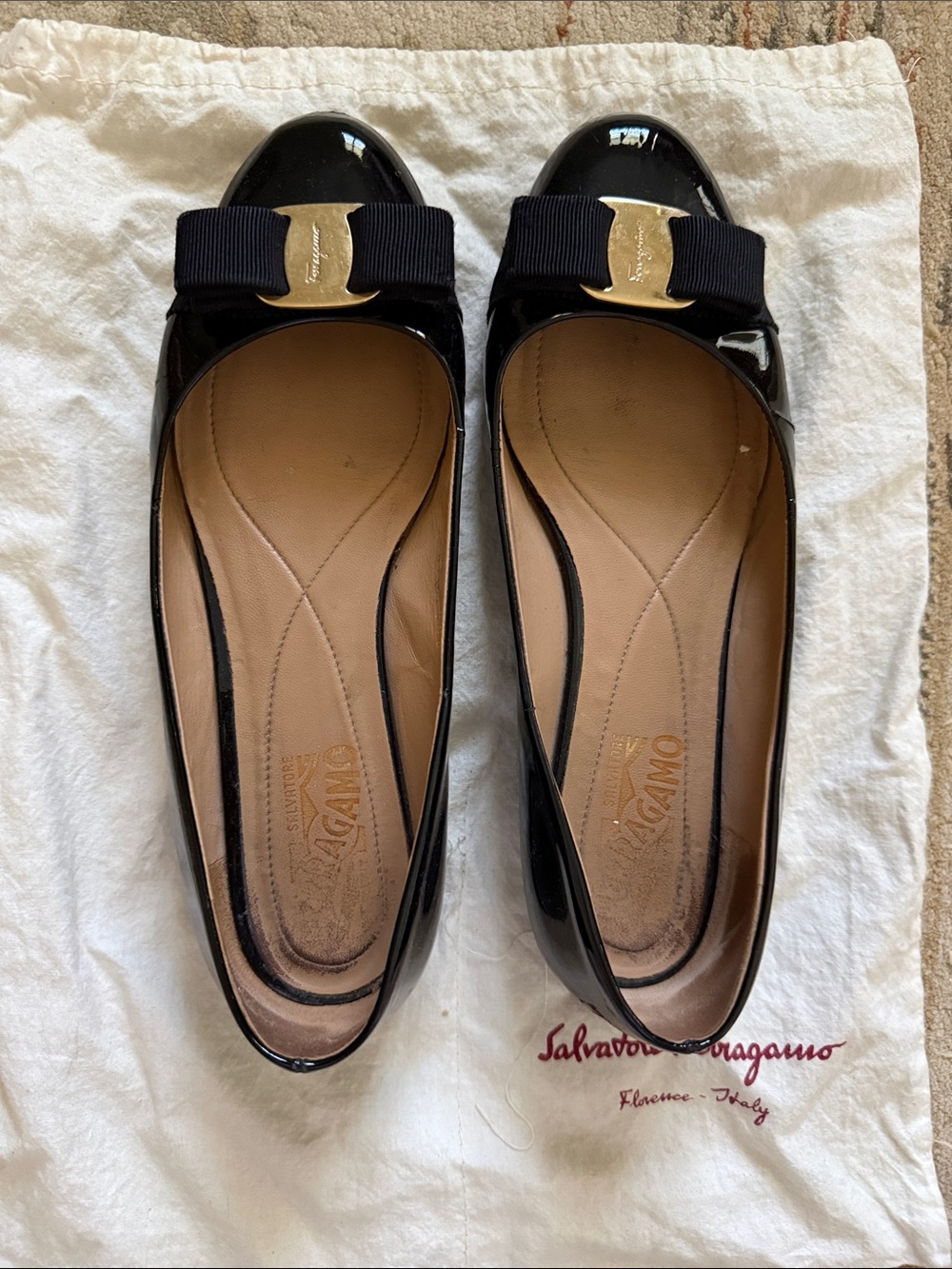 Salvatore Ferragamo Black Patent Leather Varina Ballet Flats